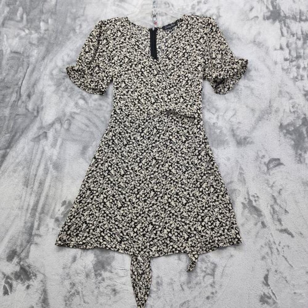 NEW Emory Park Dress Womens S Black Cream Chiffon Wrap Tie Short Sleeves Zip‎